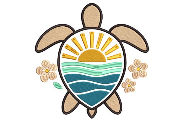 Sea Turtle Embroidery Design with Sunset