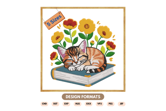 Sleeping Cat on Book Embroidery Design